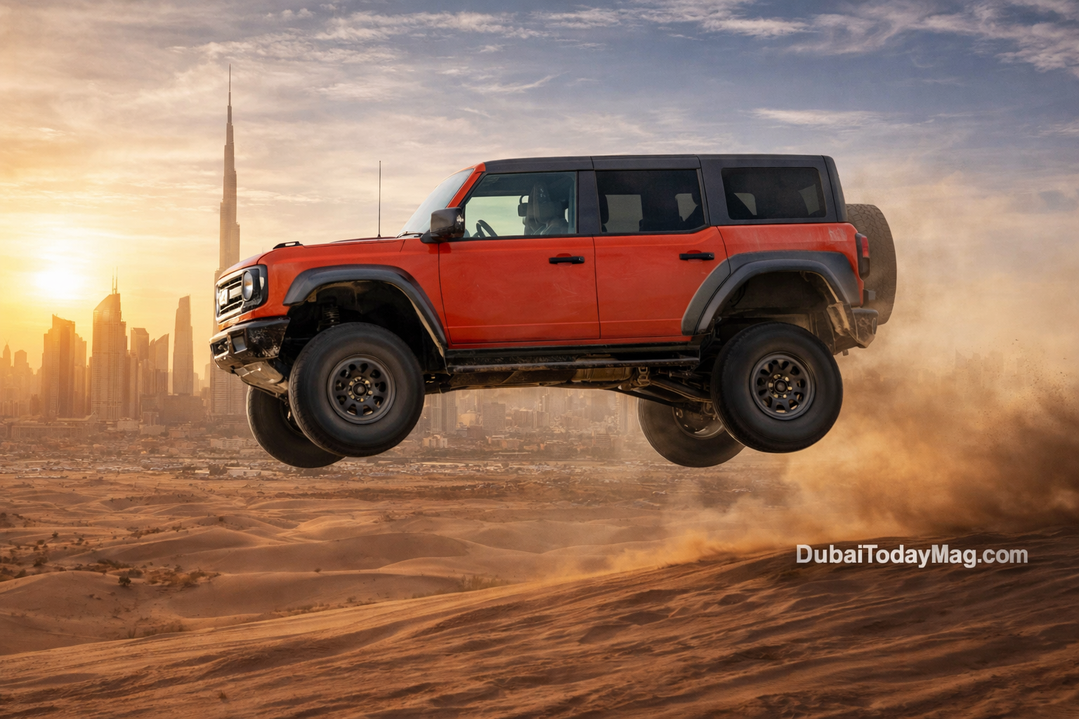 Ford Bronco Raptor driving through desert sand dunes